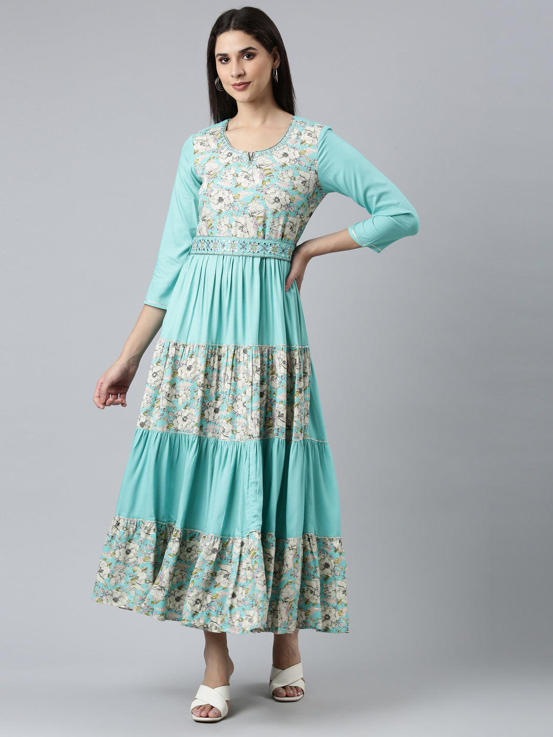 Neerus Sea Green Straight Casual Embroidered Dress – Neerus India