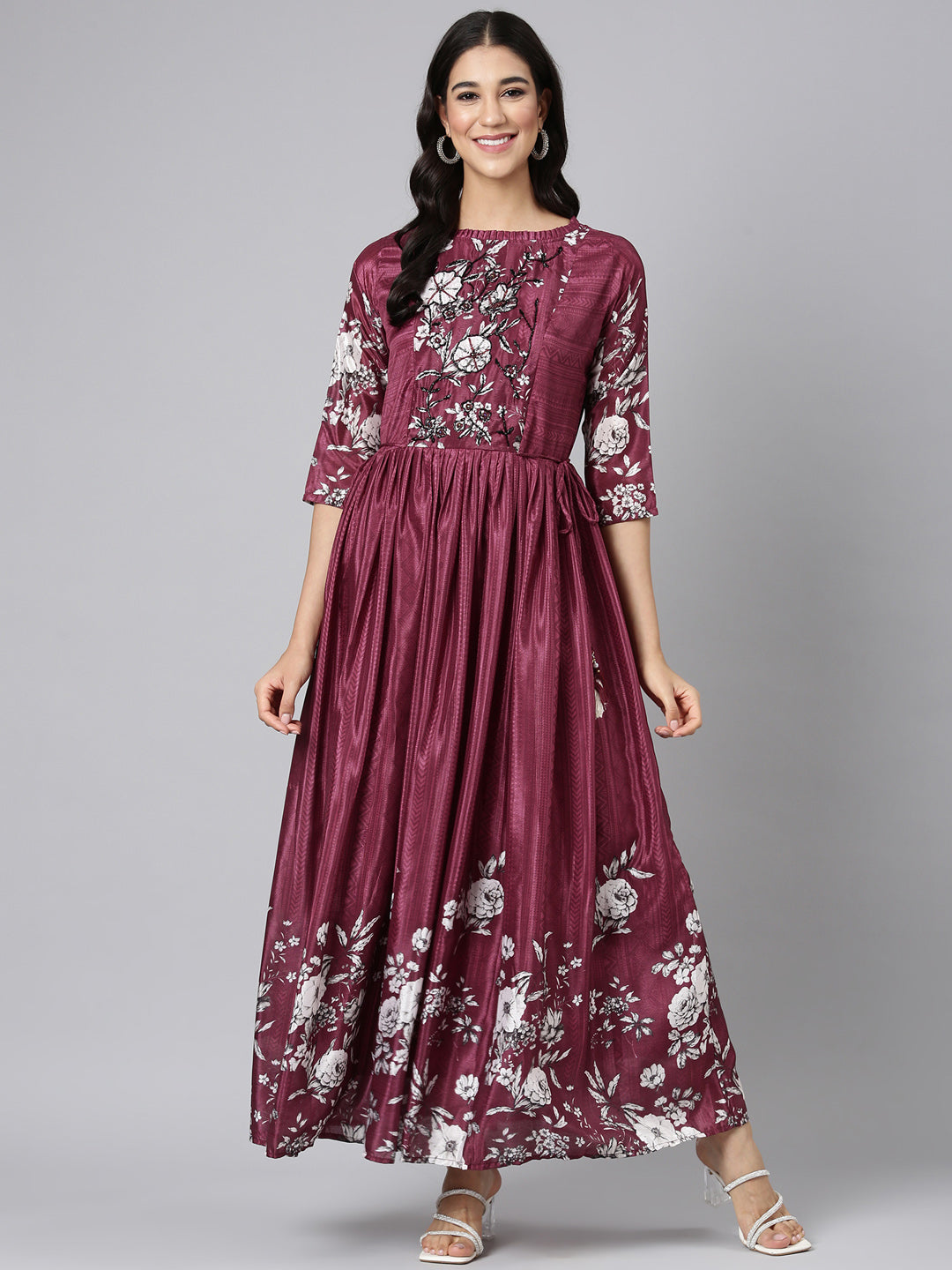 Neerus Maroon Floral Printed Silk Maxi Dress for Casual Party Women –  Neerus India