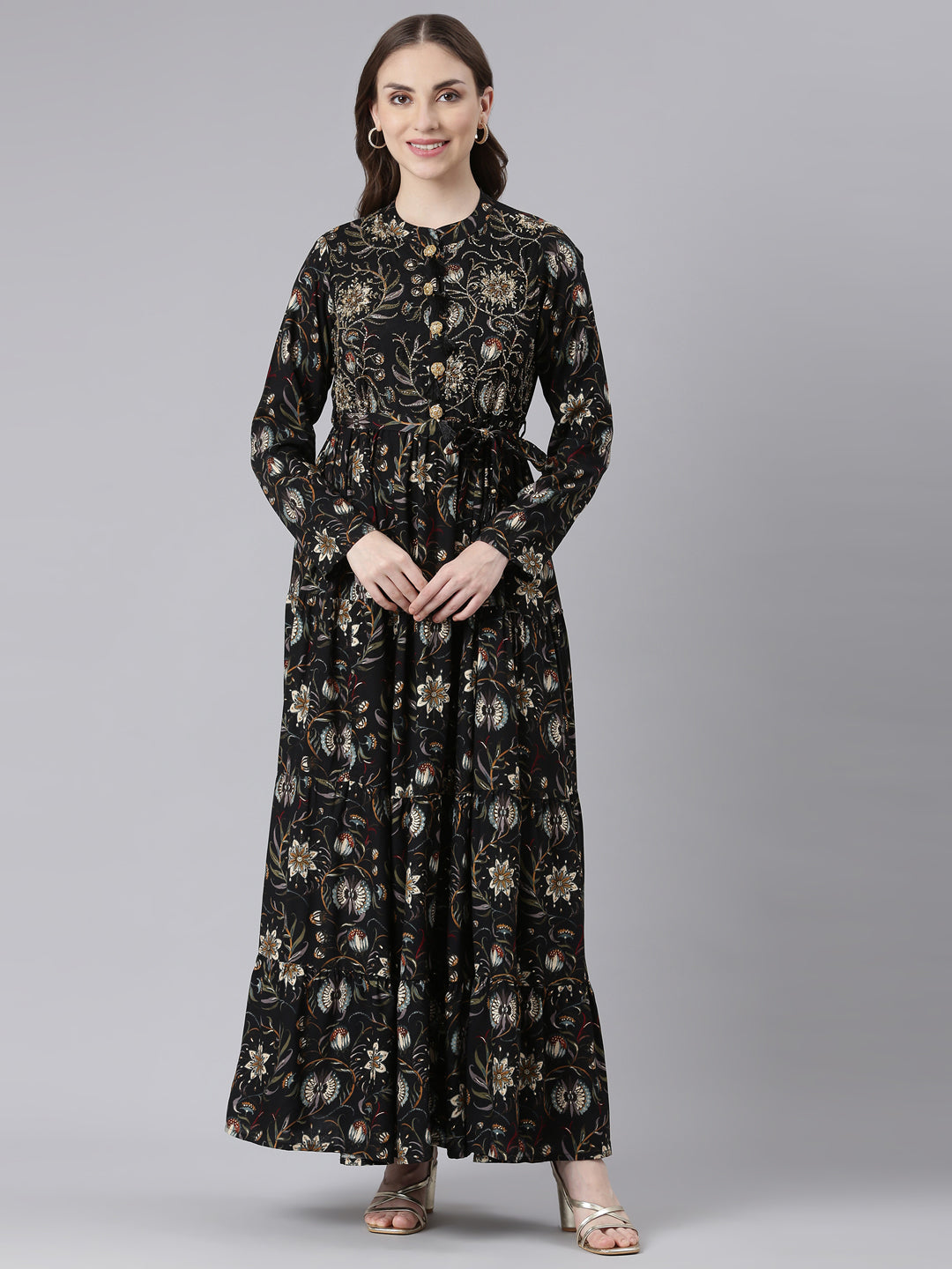 Neerus Black Viscose Rayon Curved Casual Floral Maxi