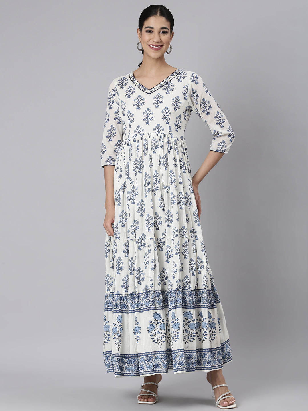 Neerus White Casual Maxi Floral Dresses – Neerus India