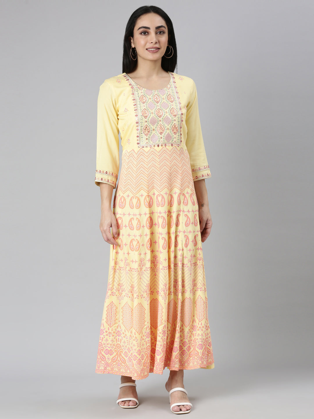 Neerus Yellow Straight Casual Ethnic Motifs Maxi Dresses – Neerus