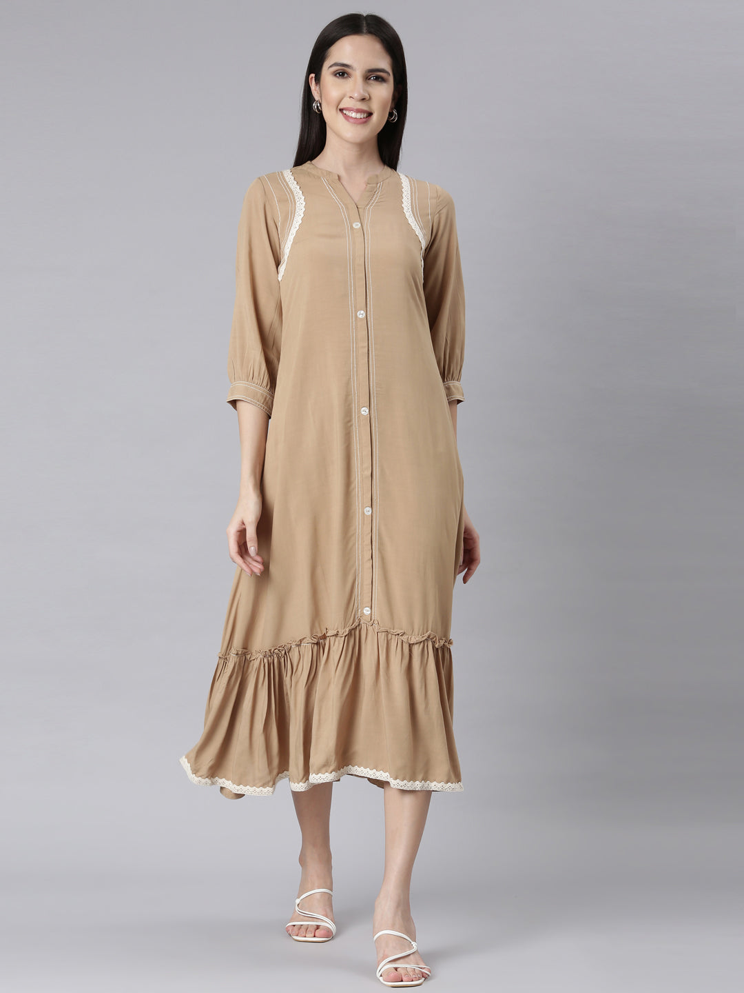 Neerus Beige Curved Casual Solid Maxi Dresses – Neerus India