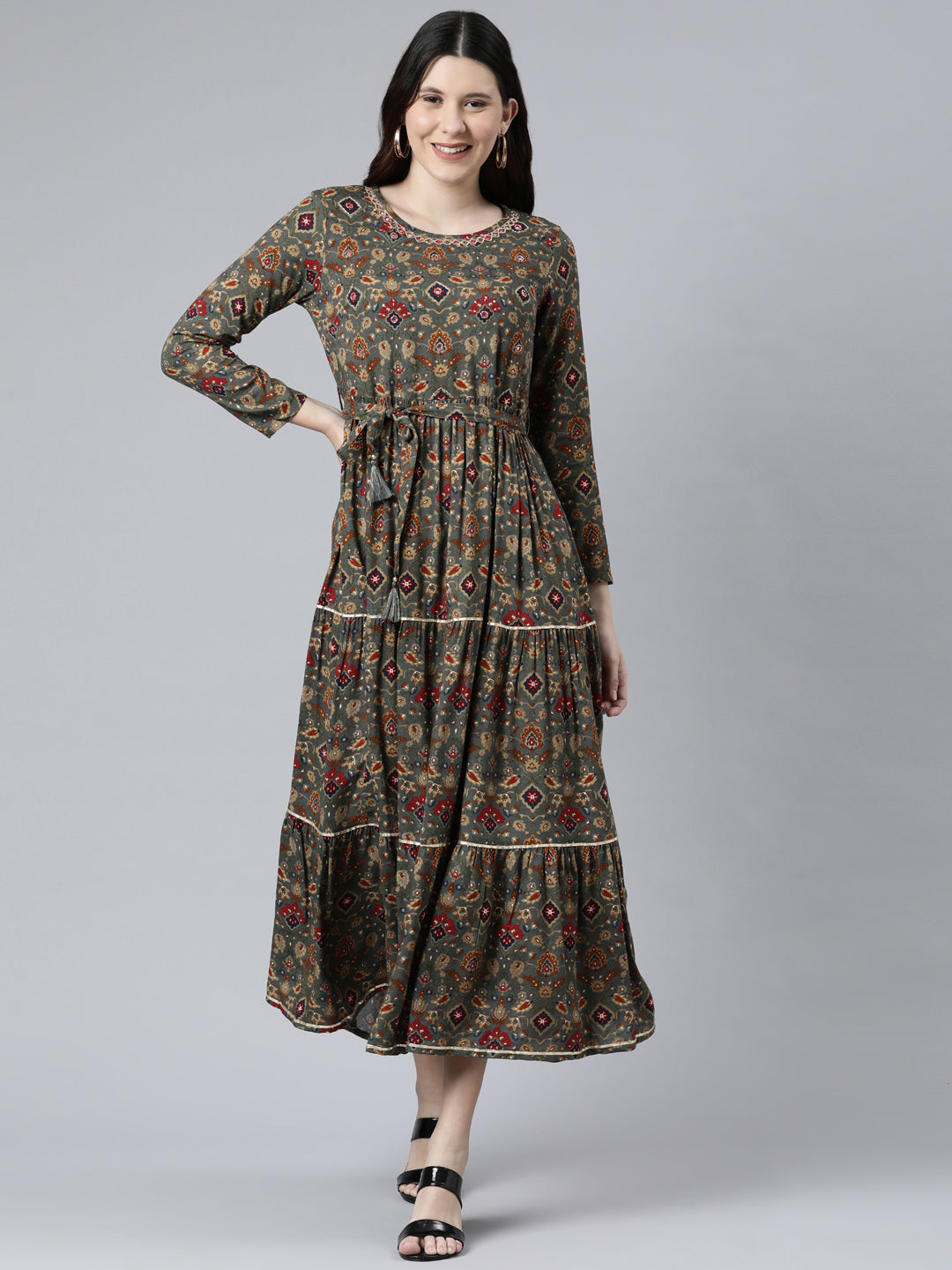 Grey Printed Sleeveless Cotton Anarkali Kurta