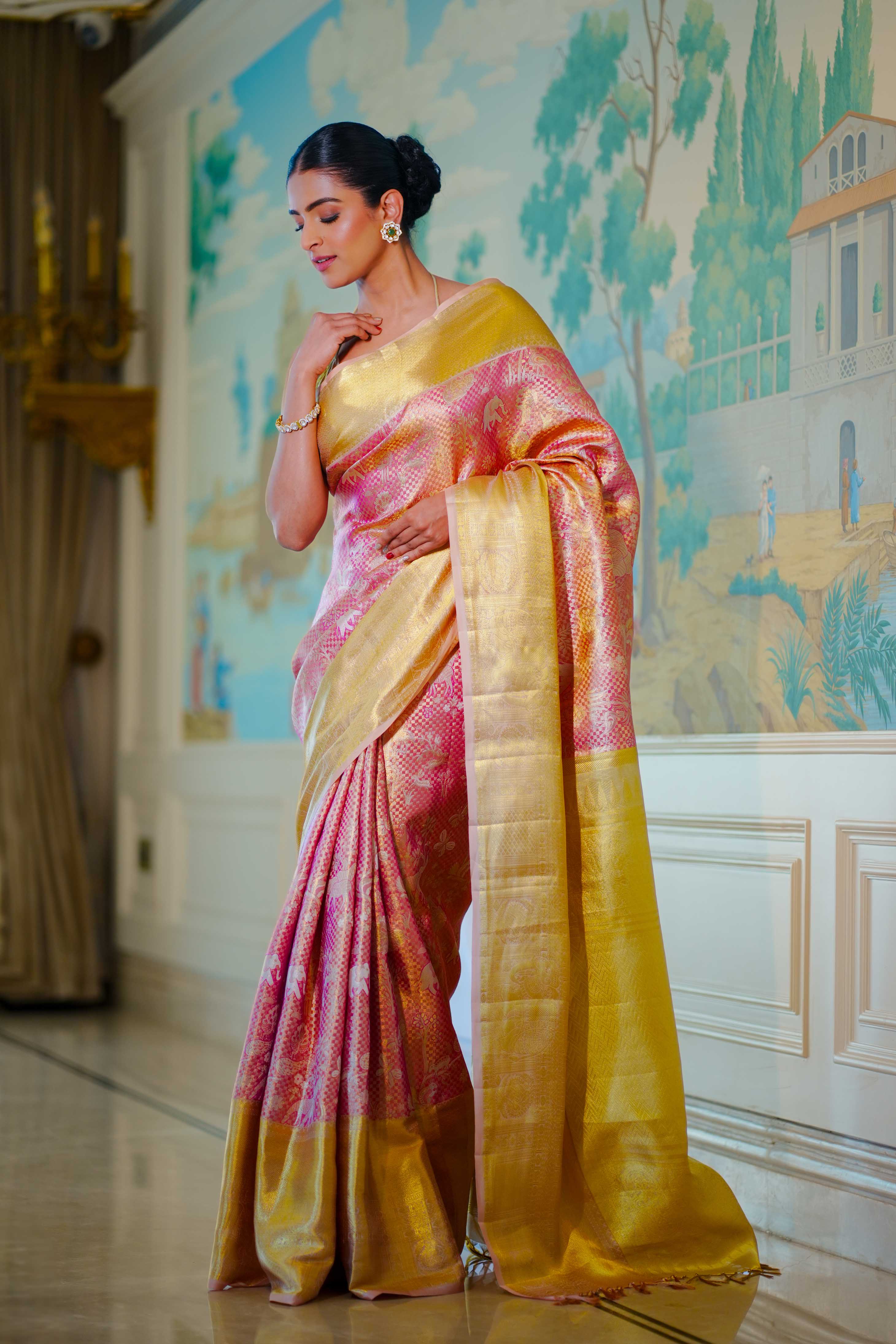Saree Neerus Gowns Online Neerus Golden Pink Pure Silk Saree With
