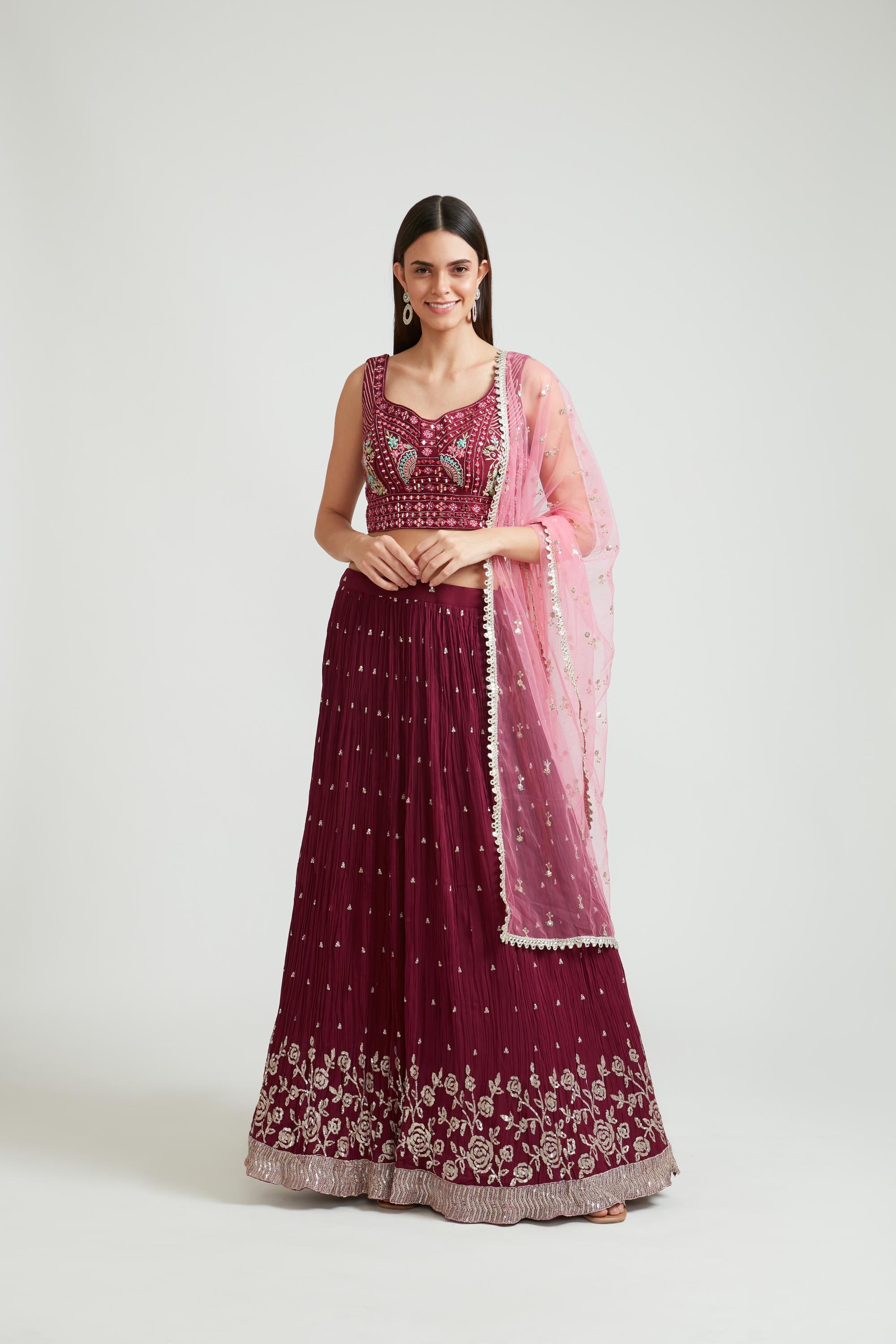 Neeru'S Wine Color Georgette Fabric Lehenga Choli Set – Neerus India