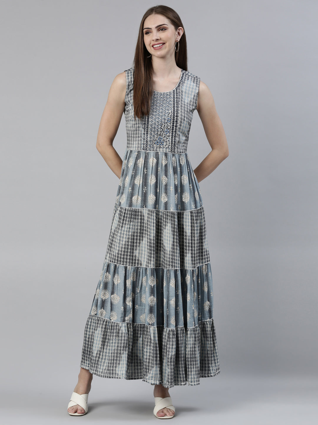 Neerus Grey Ethnic Printed Viscose Rayon A-Line Dress for Festive Women   Neerus India