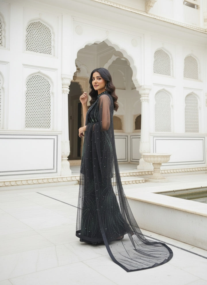 Black Net Heavy Sequins Kurta And Palazzo Set