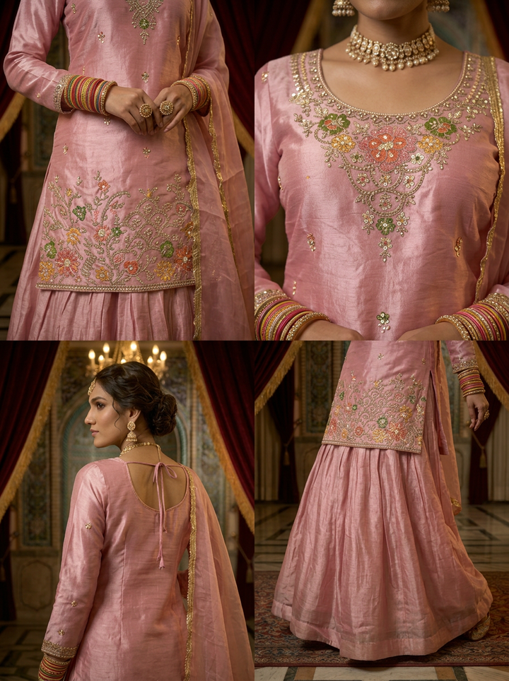 Onion Silk Floral Embroidery Palazzo Set With Dupatta