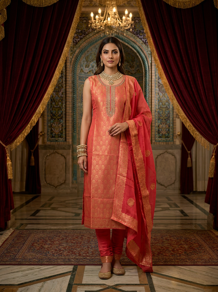 Pink Tissue Printed Trouser Set With Dupatta