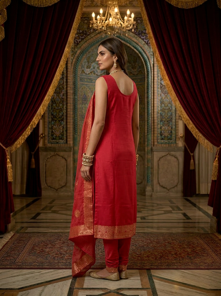 Pink Tissue Printed Trouser Set With Dupatta