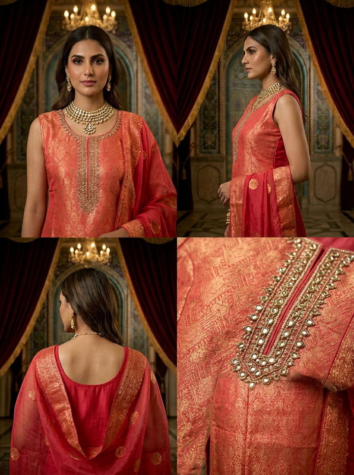 Pink Tissue Printed Trouser Set With Dupatta