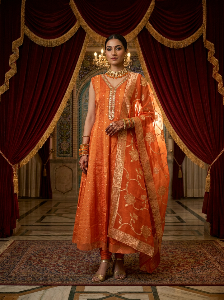 Orange Tissue Printed Three Piece Set