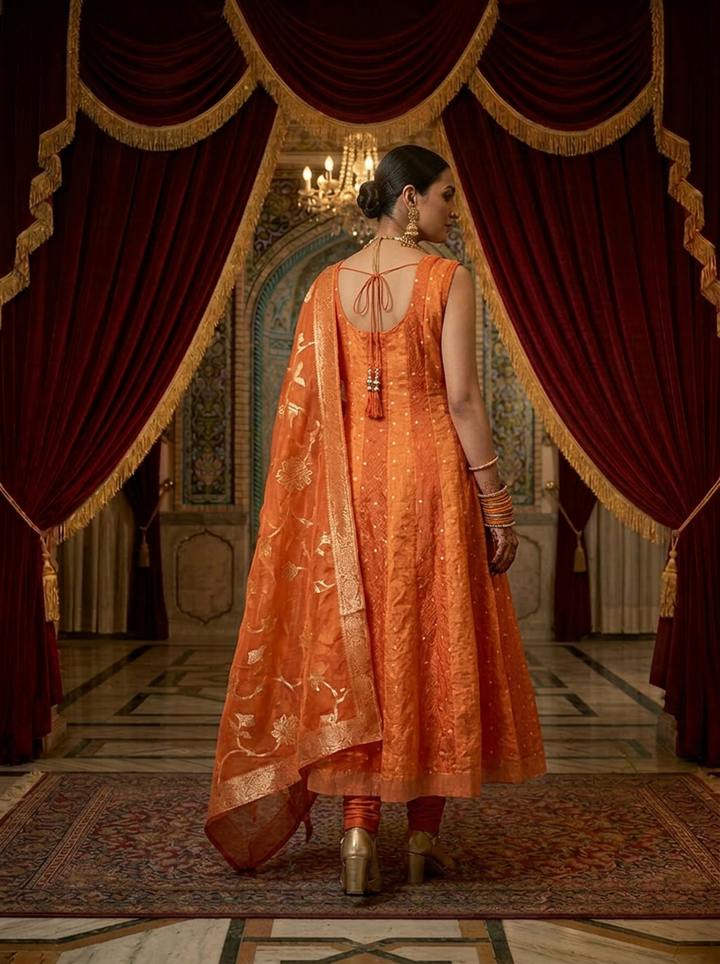 Orange Tissue Printed Three Piece Set