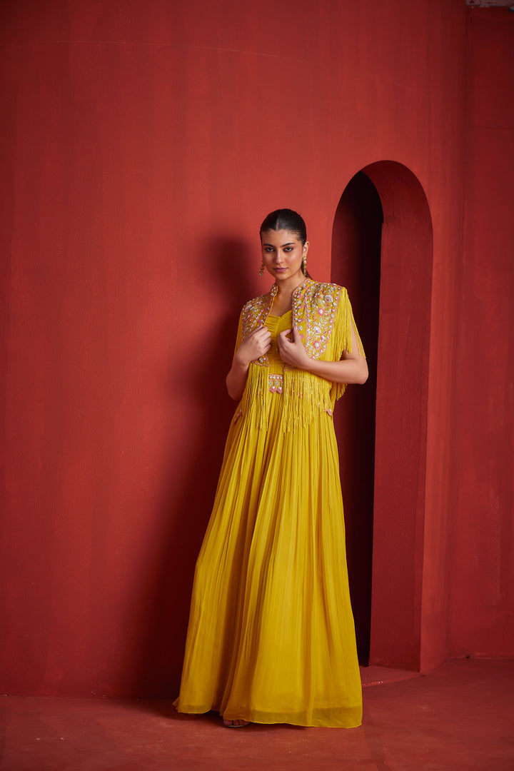Neerus Yellow georgette embroidered suit set - back view