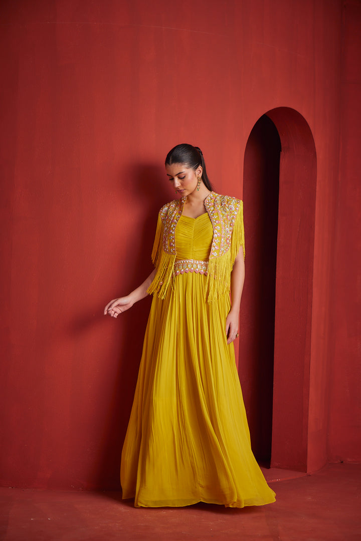 Neerus Yellow georgette embroidered suit set - side view