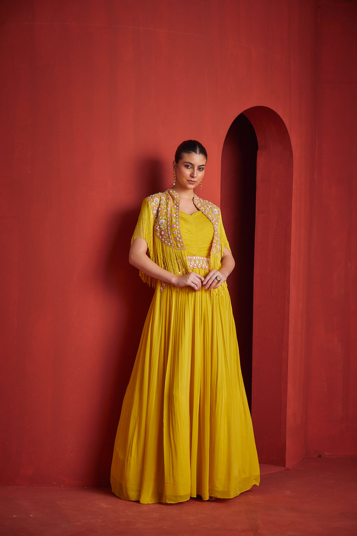 Neerus Yellow georgette embroidered suit set - front view