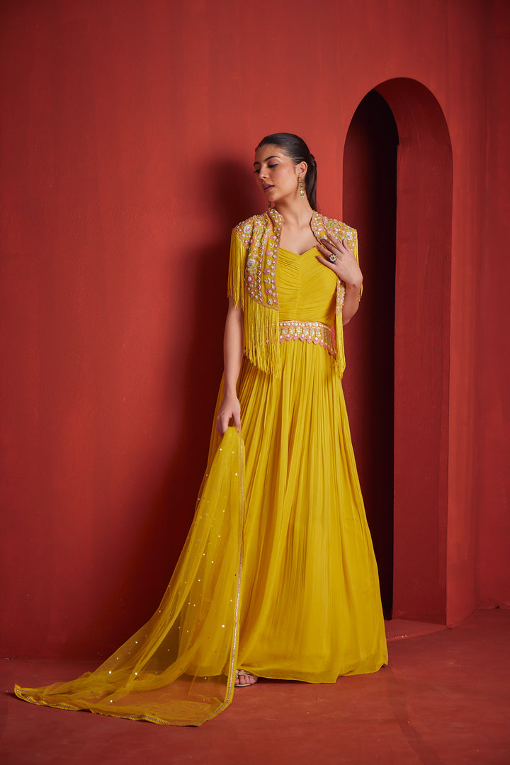 Neerus Yellow georgette embroidered suit set - detail view 1