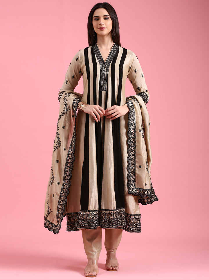 Beige Vichitra Silk Embroidered Short Kali