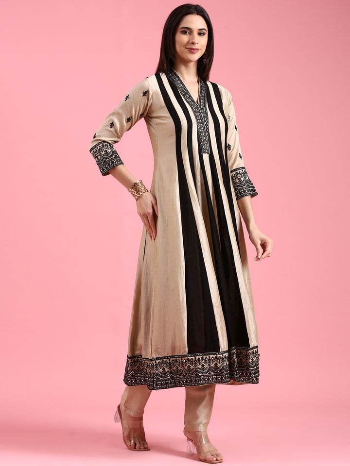 Beige Vichitra Silk Embroidered Short Kali