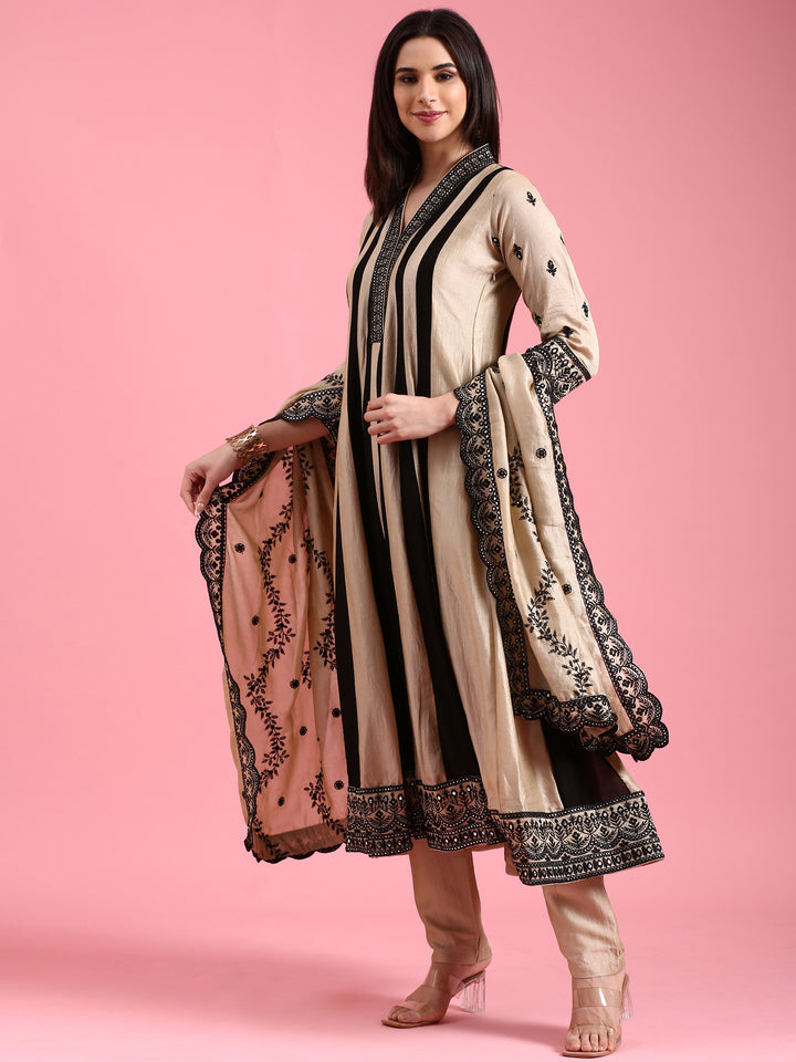 Beige Vichitra Silk Embroidered Short Kali