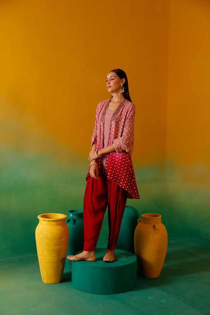 Neerus Onion Beads and Stones Chinon Fabric Co-Ord Set