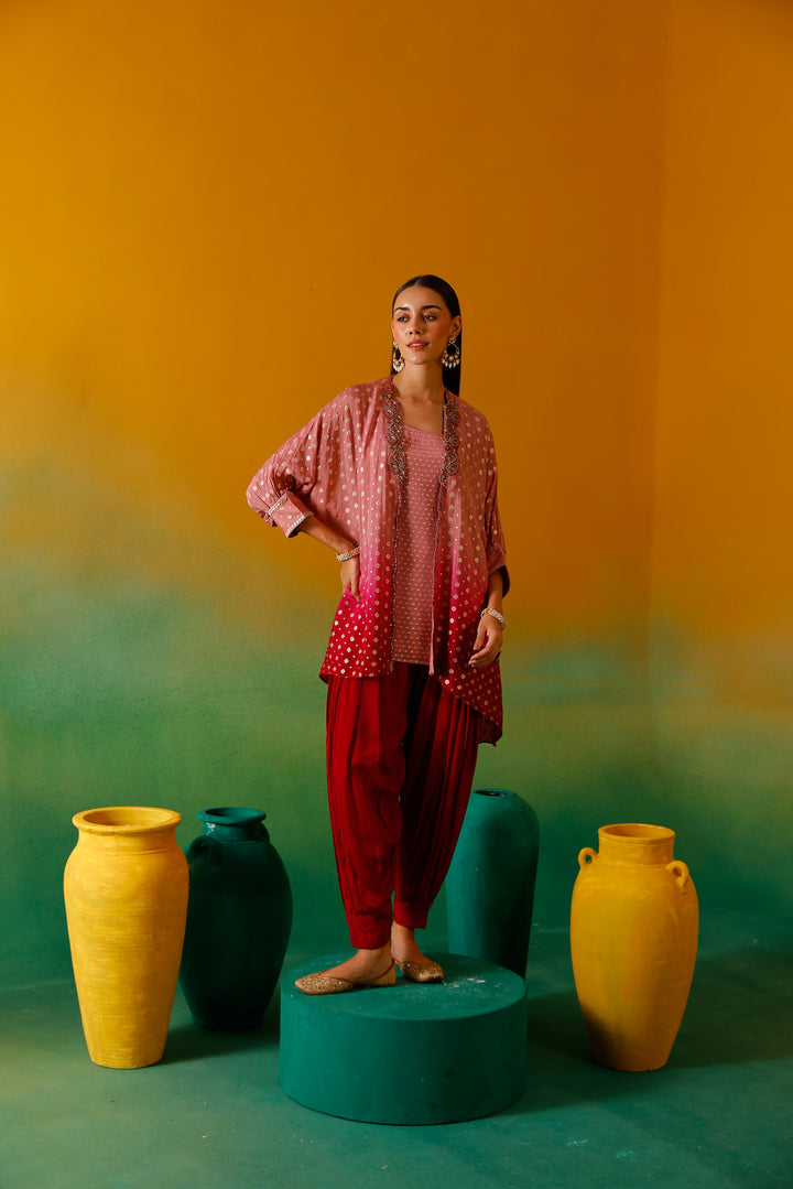 Neerus Onion Beads and Stones Chinon Fabric Co-Ord Set