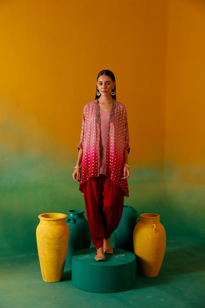 Neerus Onion Beads and Stones Chinon Fabric Co-Ord Set