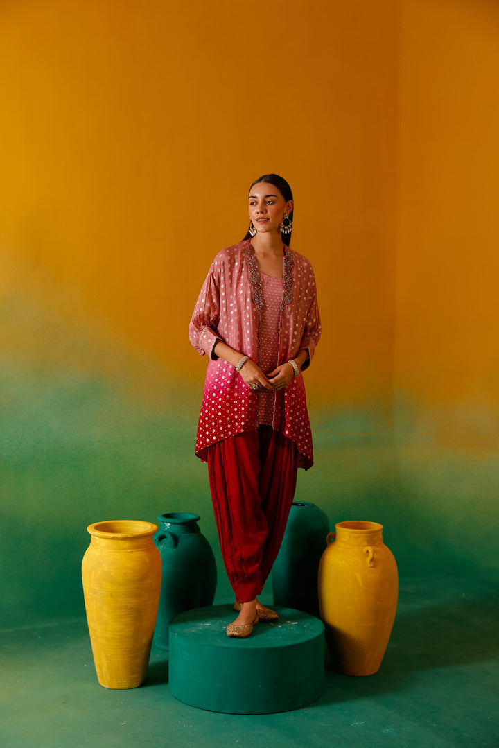 Neerus Onion Beads and Stones Chinon Fabric Co-Ord Set