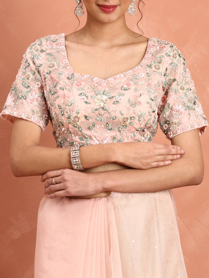 Peach Organza saree Resham & cut Dana heavy embroidery with ready made blouse