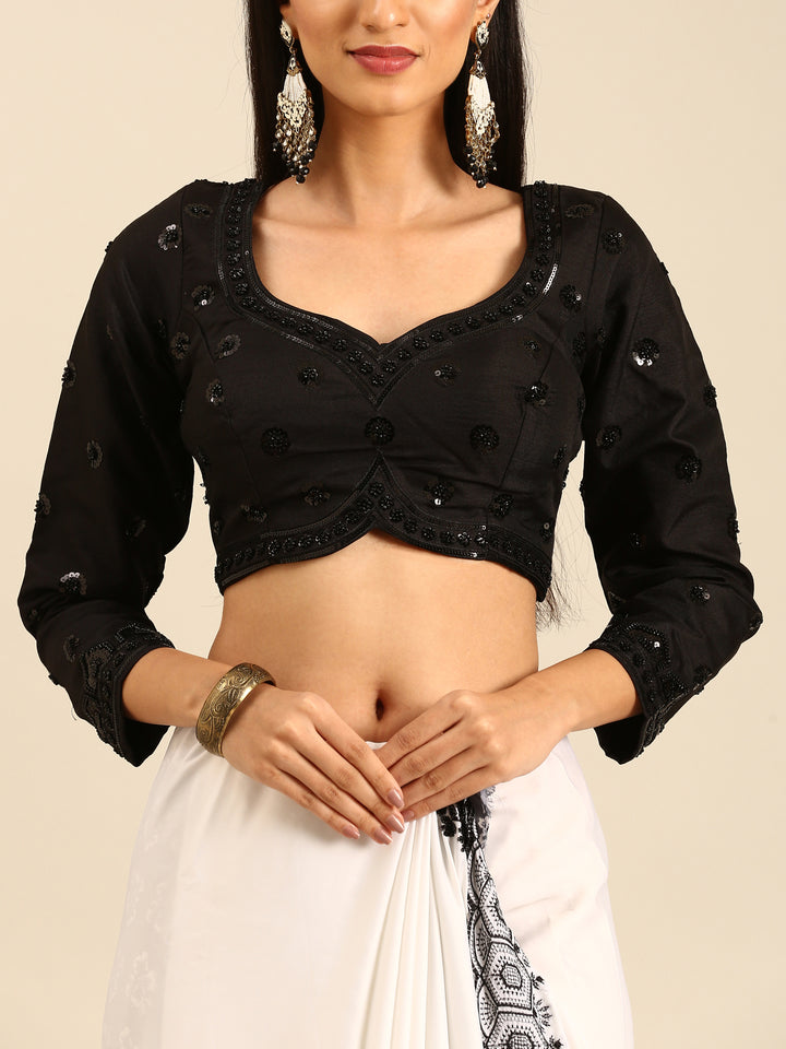 Black & White Satin Printed Saree With Hand Embroidery & Readymade Blouse