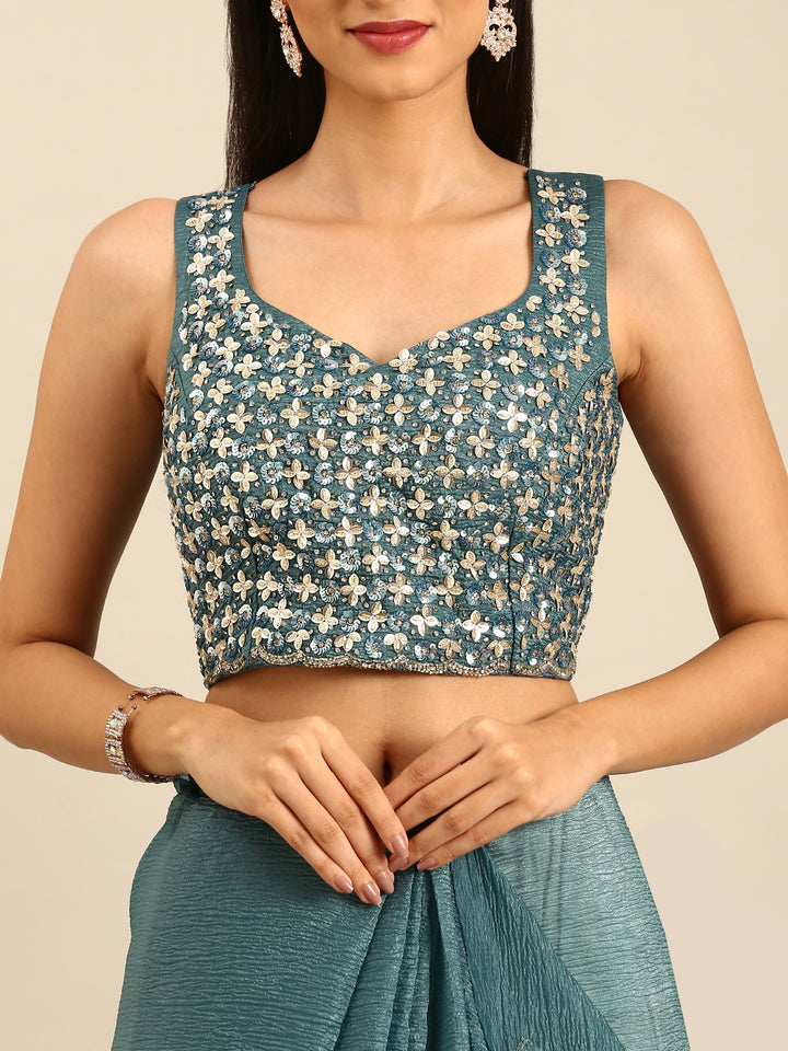 Green Jimmy crushed tissue saree with pearls & sequins embroidery with heavy ready made blouse