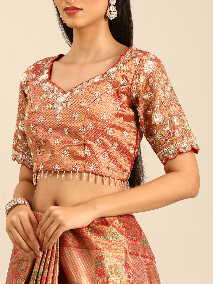 Red & gold banarasi silk saree with zardozi & sequins hand work with Ready made blouse