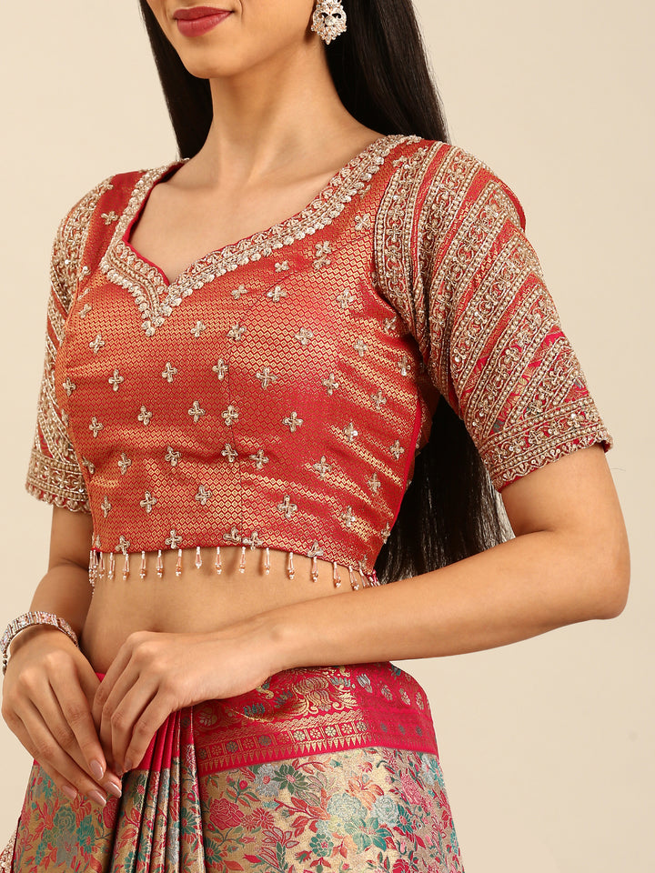 Banarsi Silk Saree With Meenakari Jaal Border & Hand Embroidery On Border And Readymade heavy blouse