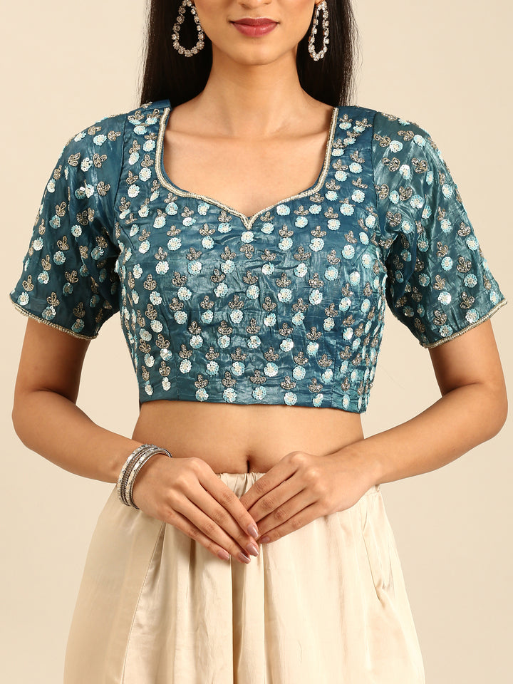 Blue floral printed satin saree with pearls & sequins embroidery with heavy ready made blouse