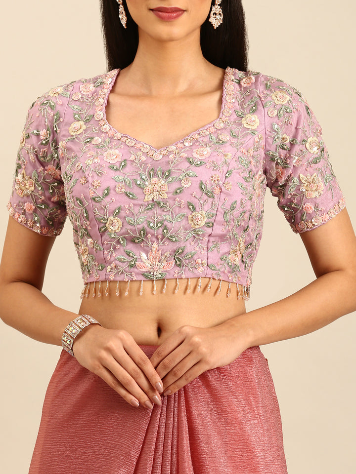 Onion pink Jimmy crushed tissue saree with pearls & sequins embroidery with heavy ready made blouse