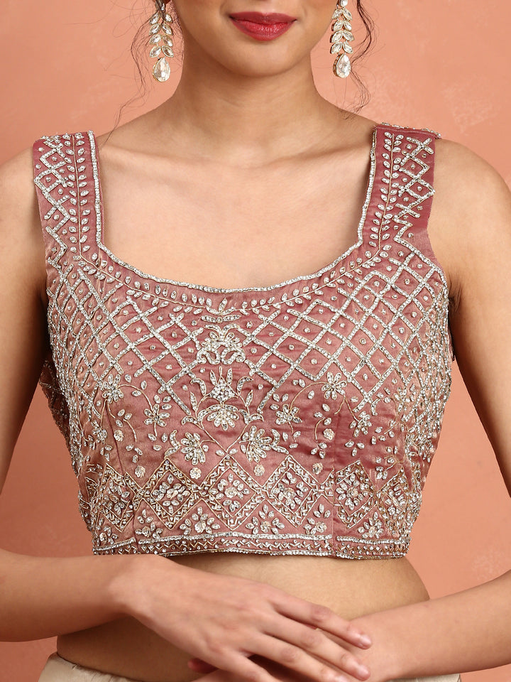 Onion pink tissue saree with Swarovski & cut Dana embroidery & ready made blouse