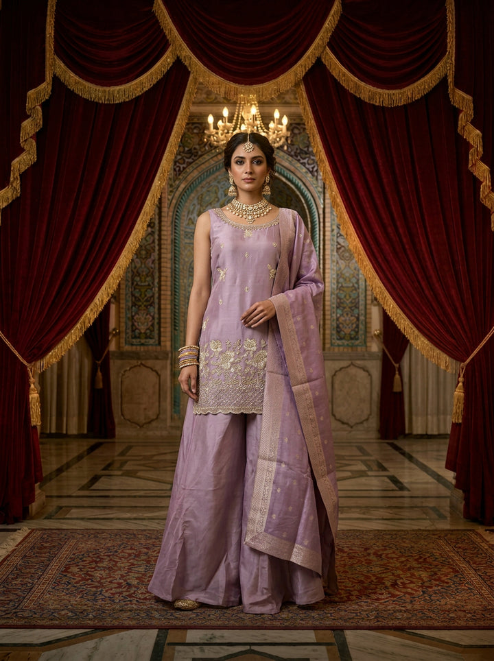 Lavender Tissue Floral Aari Embroidered Palazzo Set With Dupatta