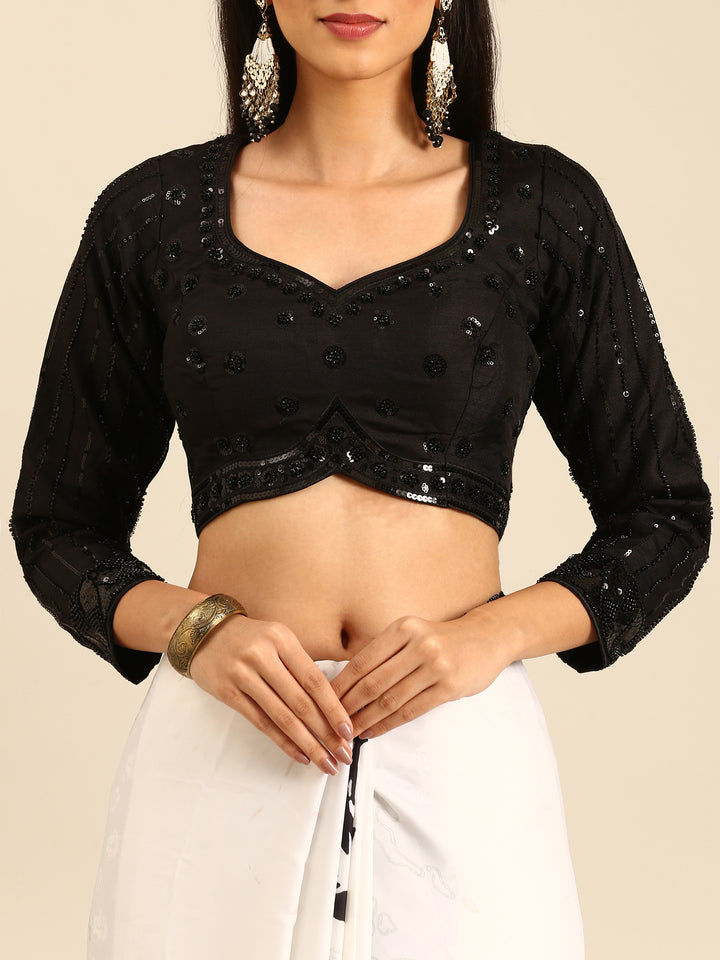 Black & White Satin Printed Saree With Hand Embroidery & Readymade Blouse
