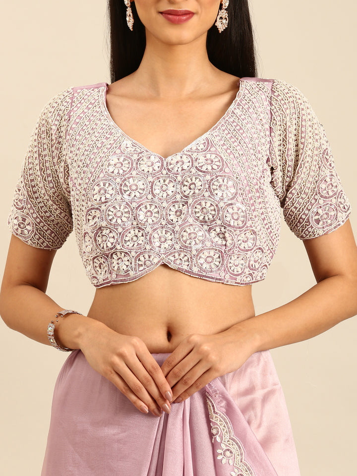 Lavender Jimmy Tissue Saree With Pearls & Beads Embroidery With Heavy Readymade Blouse