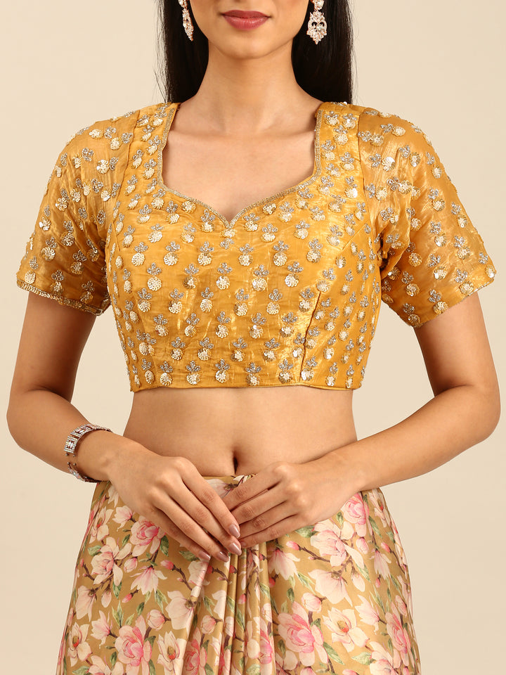 Yellow Floral Printed Satin Saree With Pearls & Sequins Embroidery With Heavy Readymade Blouse