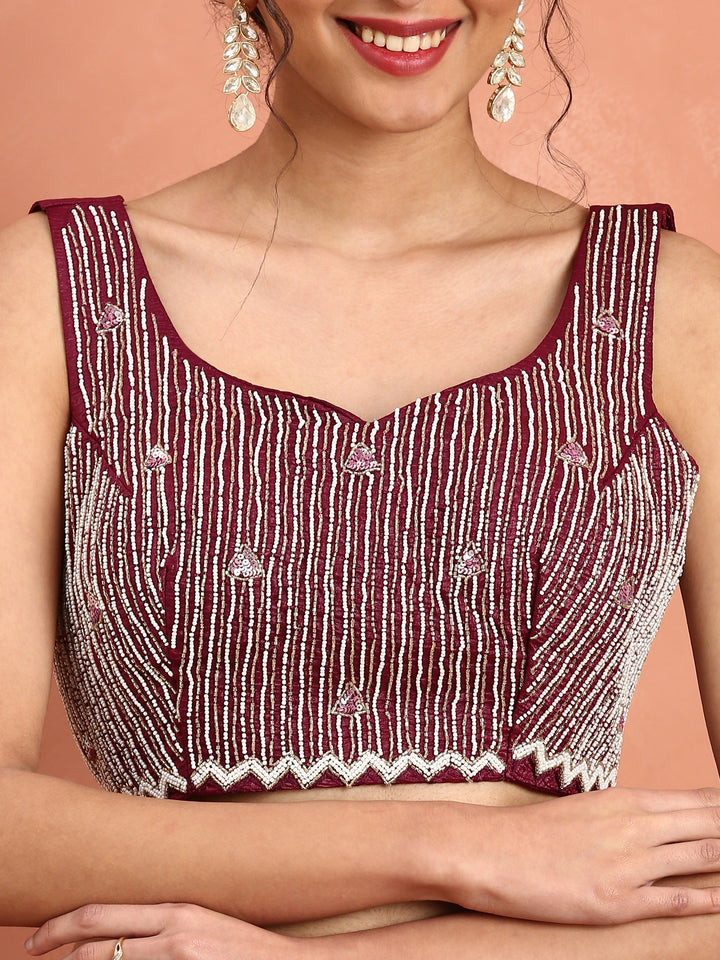 Mahroon Jimmy saree with cut Dana & pearl embroidery with ready made blouse