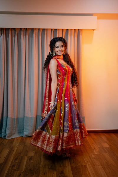 Neerus Multicolor Embroidery Organza Fabric Anarkali Plazzo and Dupatta