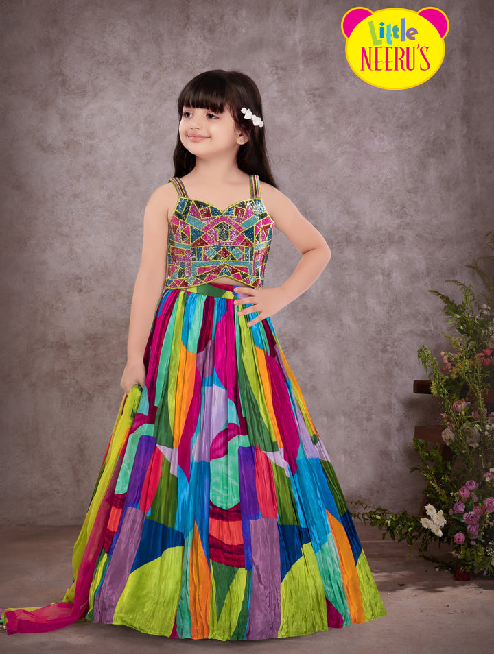 Neerus Kids Multi Crepe Fabric Ghagra Set (Sreeleela's Exclusive)