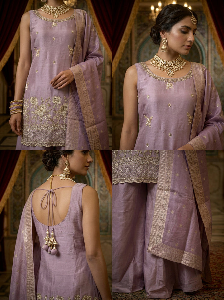 Lavender Tissue Floral Aari Embroidered Palazzo Set With Dupatta