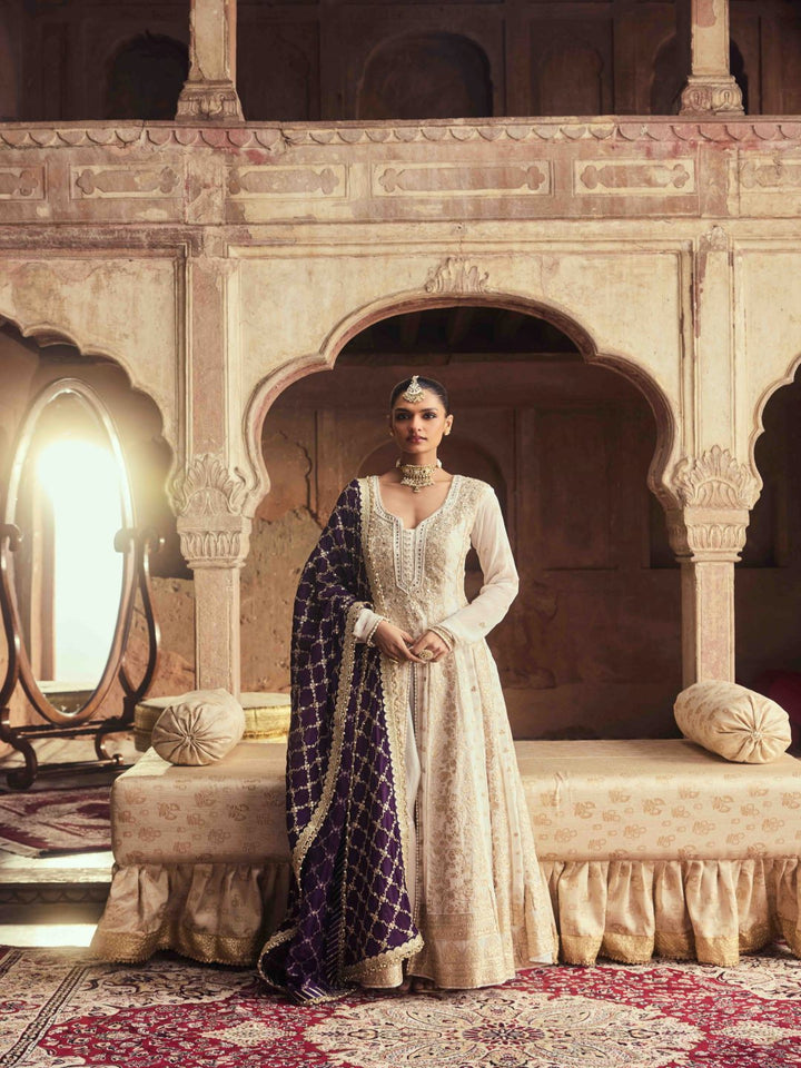 Neerus Purple Zari Embroidery Georgette Fabric Kurta and Trouser with Dupatta