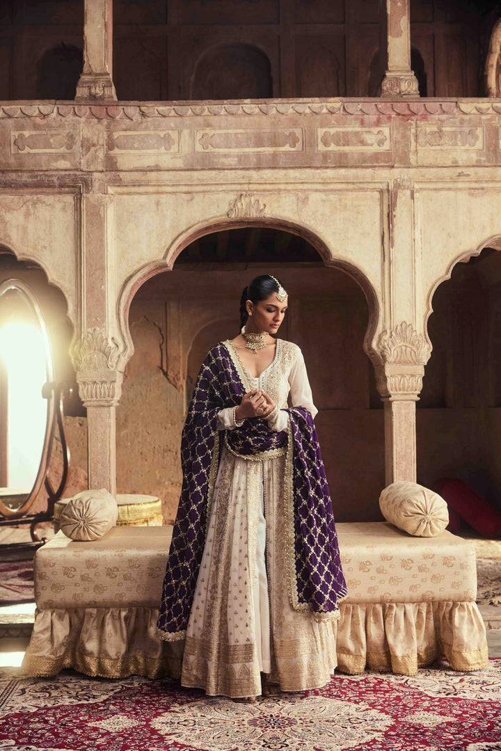 Neerus Purple Zari Embroidery Georgette Fabric Kurta and Trouser with Dupatta