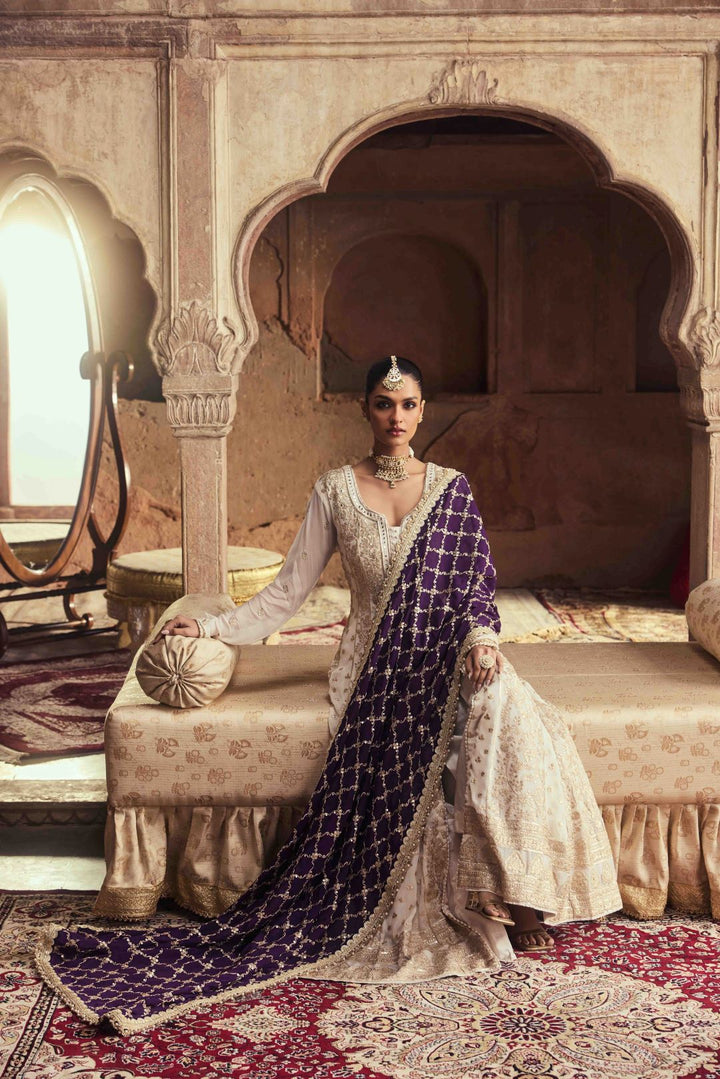 Neerus Purple Zari Embroidery Georgette Fabric Kurta and Trouser with Dupatta