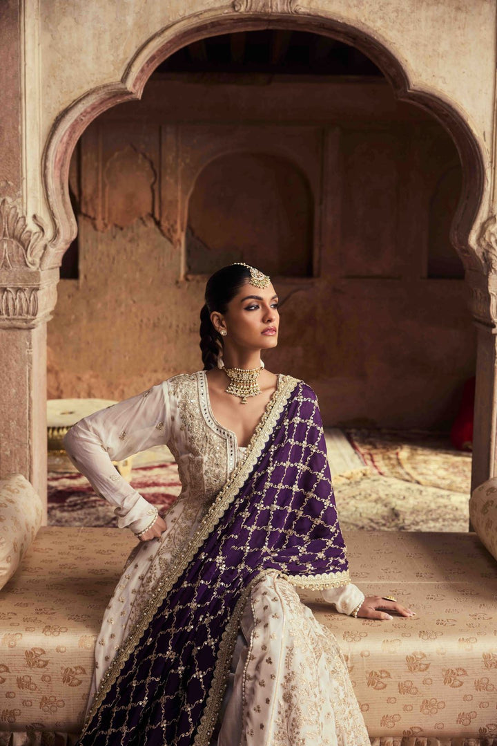 Neerus Purple Zari Embroidery Georgette Fabric Kurta and Trouser with Dupatta