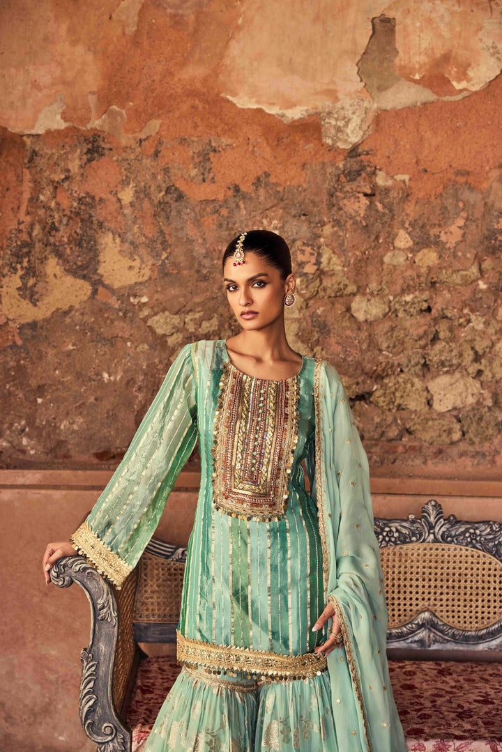 Neerus Sea Green Zari Work Tissue Fabric Kurti and Sharara with Dupatta