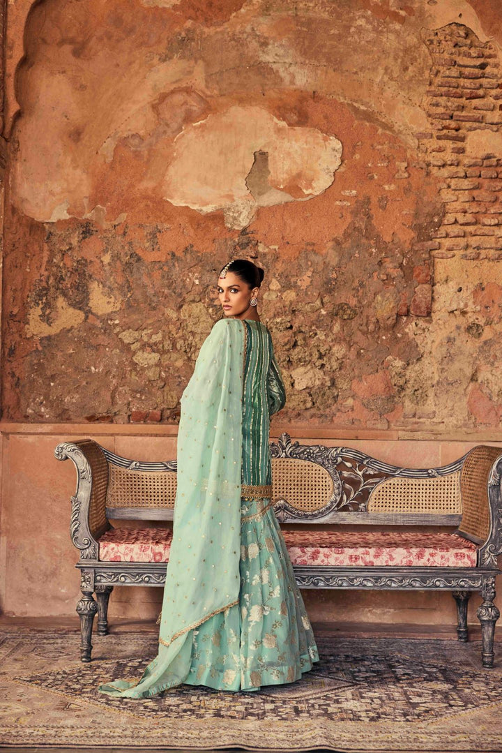 Neerus Sea Green Zari Work Tissue Fabric Kurti and Sharara with Dupatta